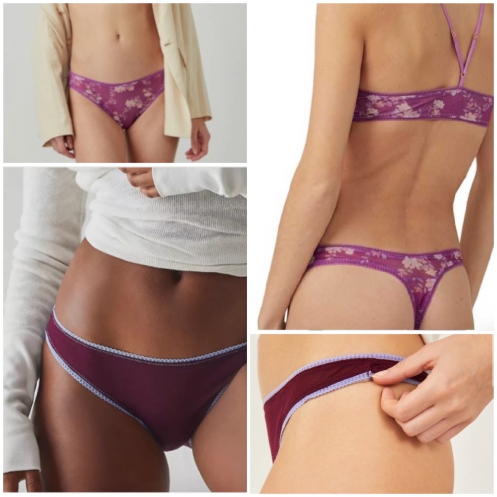 FP Intimately Eggplant Picot Bikini Mesh Thong Purple Pearl Panty Bundle M Med